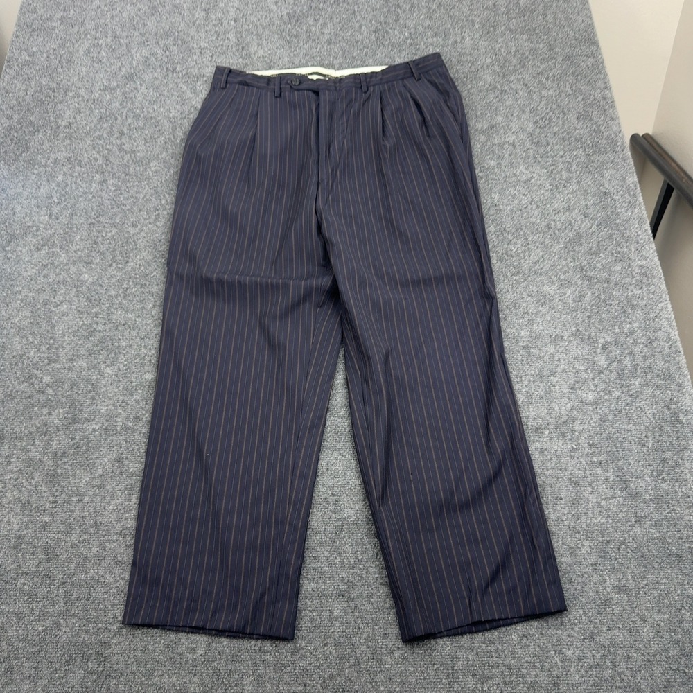 Canali Trousers Mens 56 Blue Pure‎ Wool Pleated Pinstripe Made in Italy Luxury